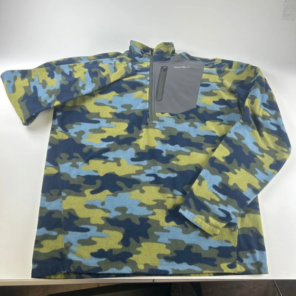 Eddie Bauer Men's Tall L First Ascent Camo Fleece 1/4 Zip Pullover Blue Green